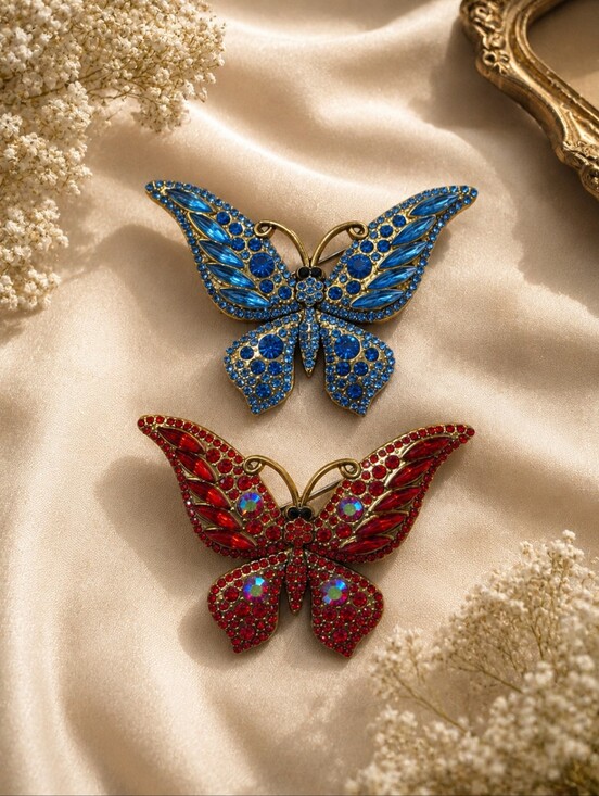 Jewelry - Sparkling Butterfly Brooch Pin | Blue or Red Crystal Rhinestones | Choose Color